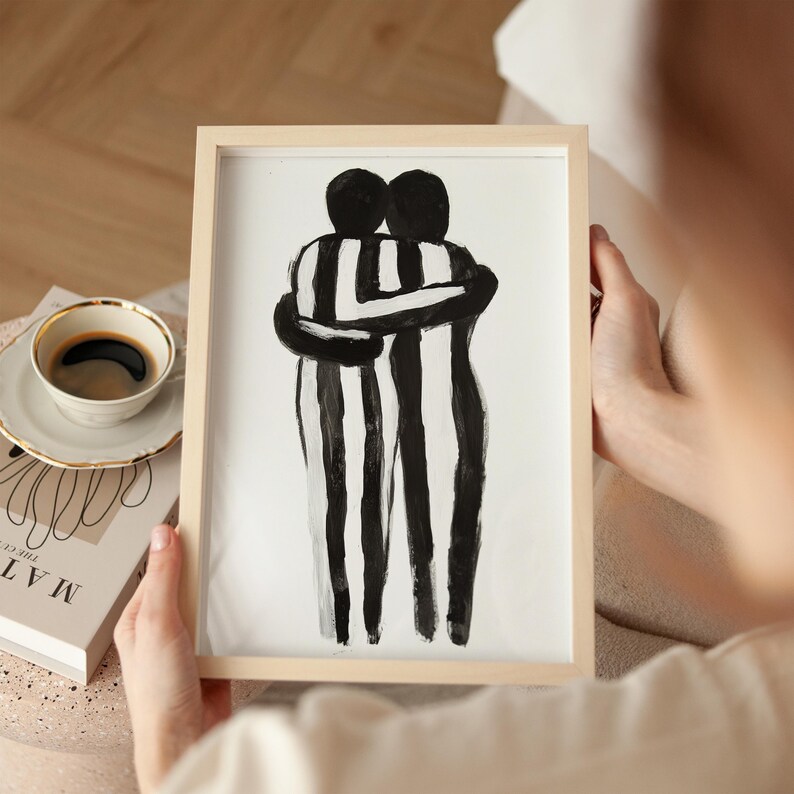Abstract Hugging Figures Art Print, Black and White Minimalist Wall Art