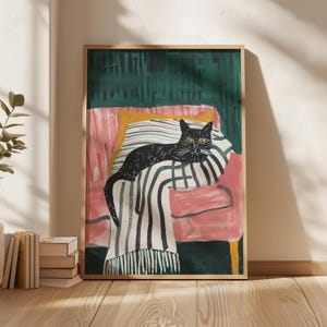Black Cat Wall Art, Cozy Cat Illustration, Modern Cat Decor, Whimsical Animal Art, Cat Lover Gift, Striped Blanket Print, Playful Cat Poster