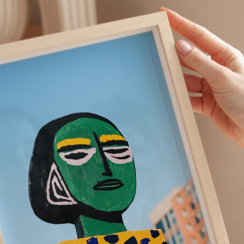 Bold abstract face art print, colorful portrait, modern street art, vibrant green figure, geometric urban decor, pop art inspired
