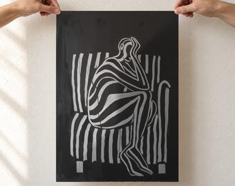 Black and White Line Art Print, Seated Figure on Striped Chair, Modern Minimalist Poster, Monochrome Abstract Wall Art, Unframed