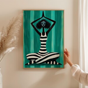 Meditating poodle art print, black and white striped yoga dog illustration, teal zen wall art, quirky animal decor, yoga lover gift, poster