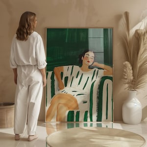 Relaxing woman art print, green and white minimalist portrait, modern figurative wall art, abstract lounging decor, digital home artwork