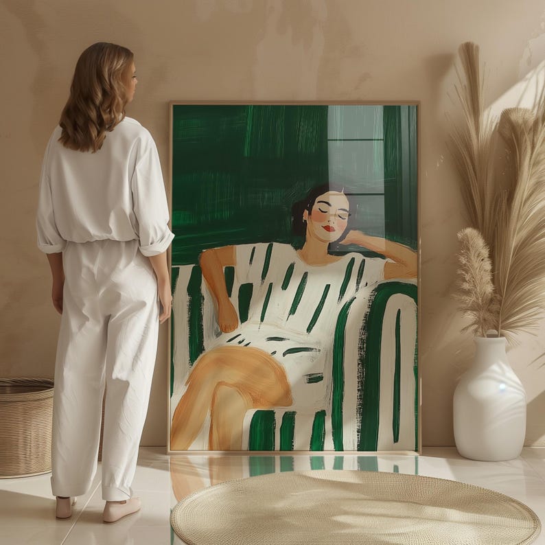 Relaxing woman art print, green and white minimalist portrait, modern figurative wall art, abstract lounging decor, digital home artwork