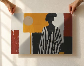 Abstract Woman Silhouette Art Print, Black and White Stripes, Orange and Red Geometric Wall Art, Horizontal Unframed Poster