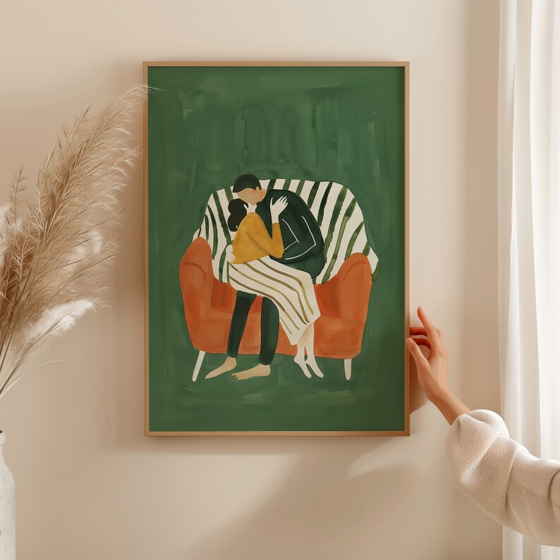 Abstract People Large Wall Art Contemporary Art Minimalist Print Living Room Emerald Green Wall Art Stripe Couple Printable Digital Download
