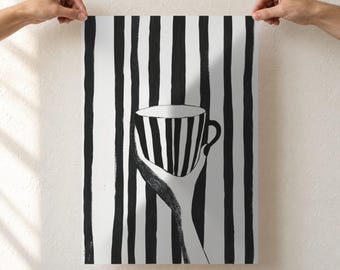 Striped Coffee Cup Art Print, Black and White Minimalist Kitchen Poster, Hand Holding Cup, Coffee Lover Gift, Unframed