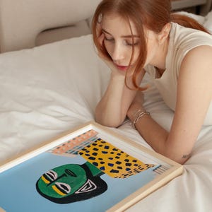 Bold abstract face art print, colorful portrait, modern street art, vibrant green figure, geometric urban decor, pop art inspired