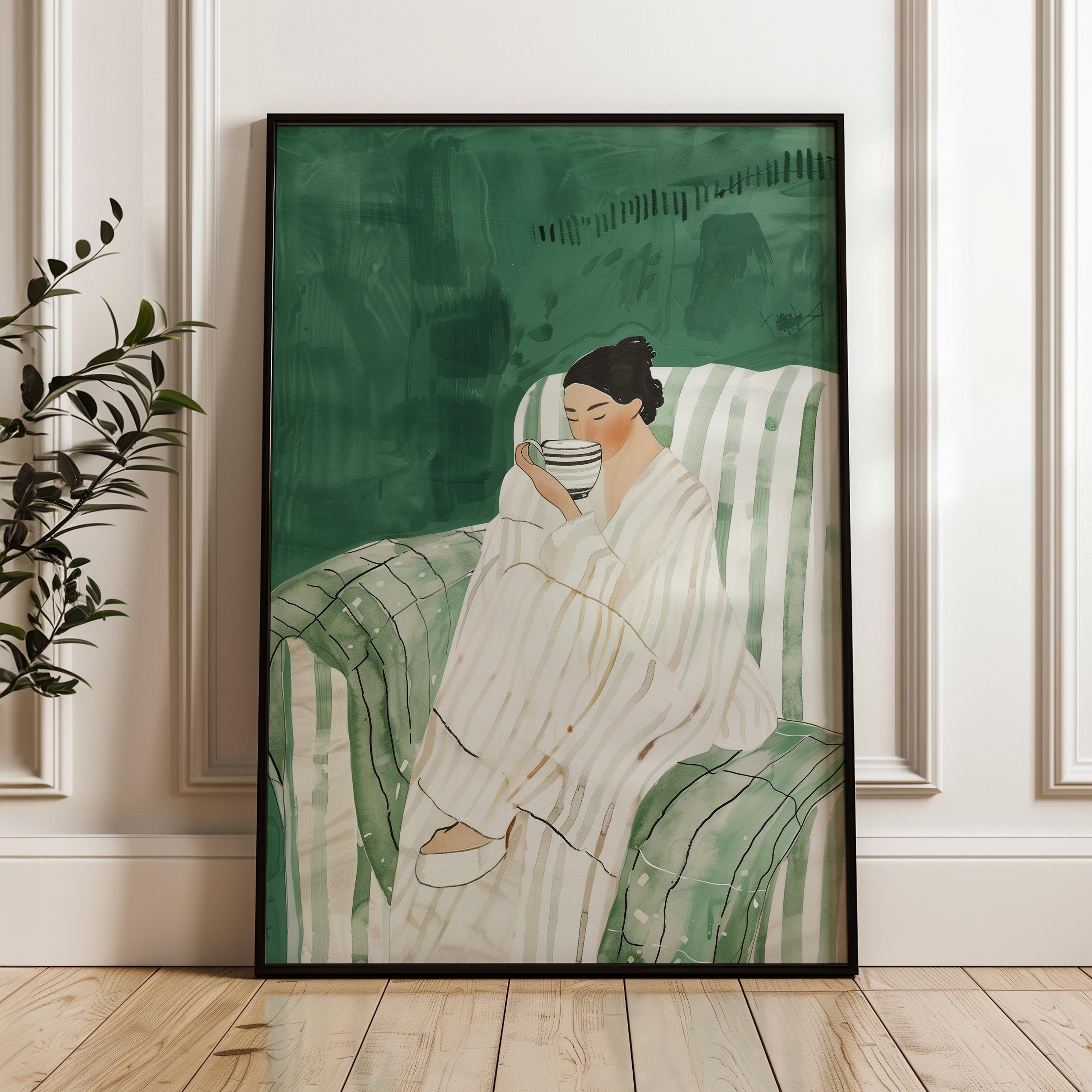アート　PRETTY GREEN Prints 「Pocket Full」 Woman With Coffee Print: Minimalist Green Armchair Portrait