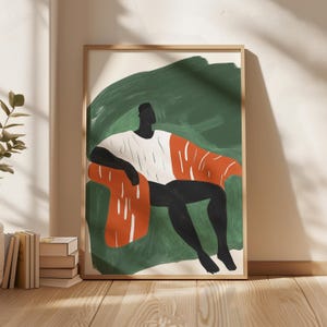 Puede incluir: Una ilustración digital de una persona sentada en una silla con una manta de patrones verdes y naranjas. La persona es negra y lleva una camisa blanca. El fondo es un diseño abstracto verde y blanco.