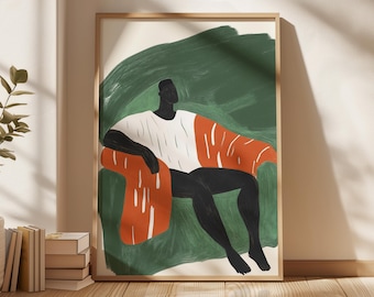 Puede incluir: Una ilustración digital de una persona sentada en una silla con una manta de patrones verdes y naranjas. La persona es negra y lleva una camisa blanca. El fondo es un diseño abstracto verde y blanco.