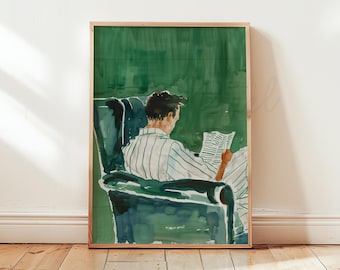 ストライプのリネンを着て読書する男性、ミッドセンチュリーモダンの水彩画（デジタルダウンロード）141