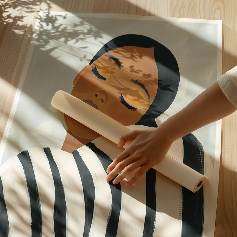 Abstract Woman Art Print: Black and White Stripes, Minimalist Portrait ...