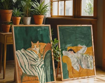 Set di stampe raffiguranti un gatto addormentato e una donna: arte murale moderna e minimalista (download digitale)