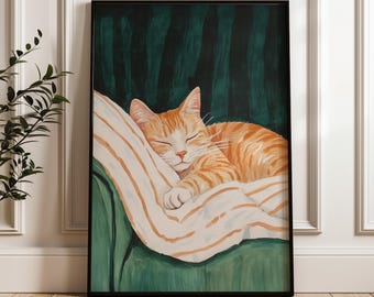 Impression d'art chat orange endormi : décoration murale minimaliste vert foncé (téléchargement numérique)
