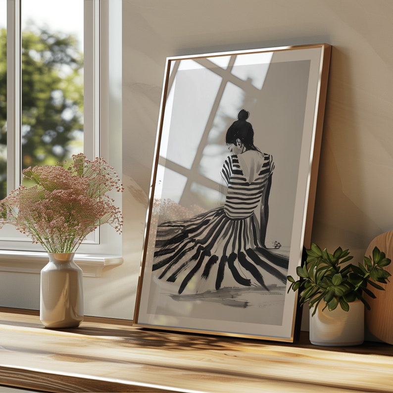 Minimalist Woman Art Print: Black and White Stripes (digital Download ...