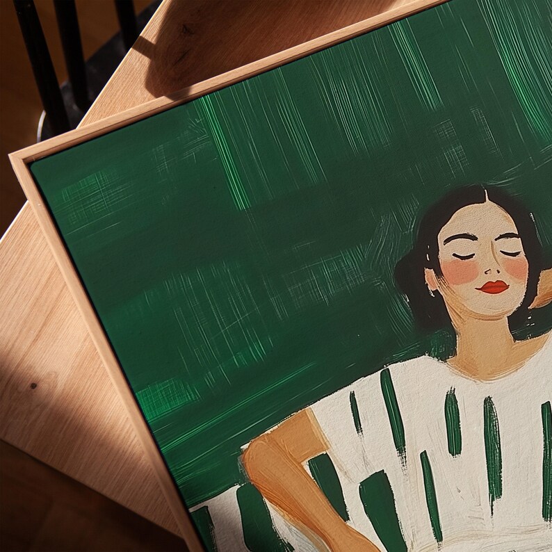 Relaxing woman art print, green and white minimalist portrait, modern figurative wall art, abstract lounging decor, digital home artwork