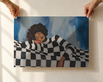 Black Woman Sleeping Art Print, Checkered Sweater Portrait, Blue and Black White Horizontal Wall Art, Unframed Poster