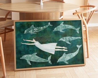Girl and Dolphins Art Print: Teal Ocean Illustration (Digital Download)