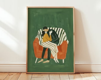 Abstract People Large Wall Art Contemporary Art Minimalist Print Living Room Emerald Green Wall Art Stripe Couple Printable Digital Download