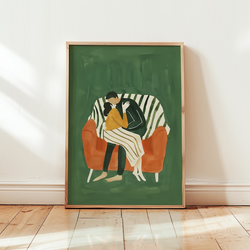 Abstract People Large Wall Art Contemporary Art Minimalist Print Living Room Emerald Green Wall Art Stripe Couple Printable Digital Download