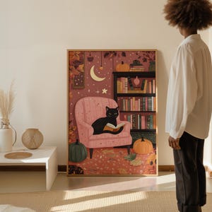 Black Cat Autumn Reading Print: Cozy Halloween Bookshelf Art (digital ...