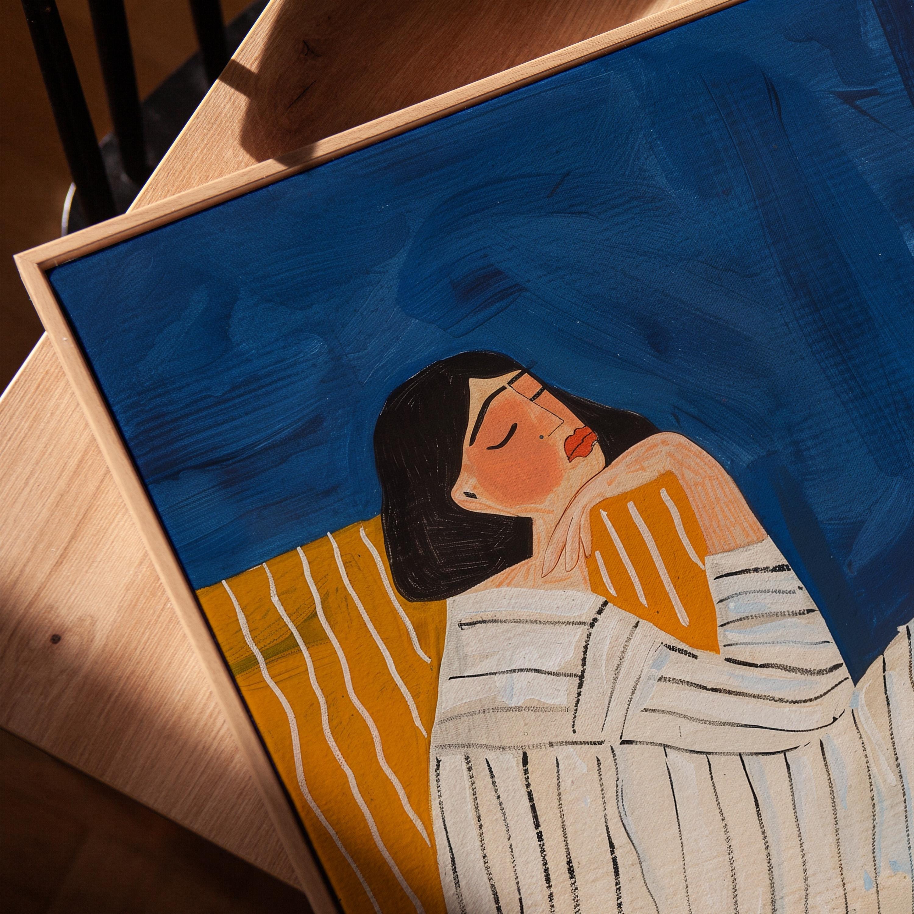 Abstract Woman Portrait Art Print: Striped Dress, Blue & Warm Tones ...
