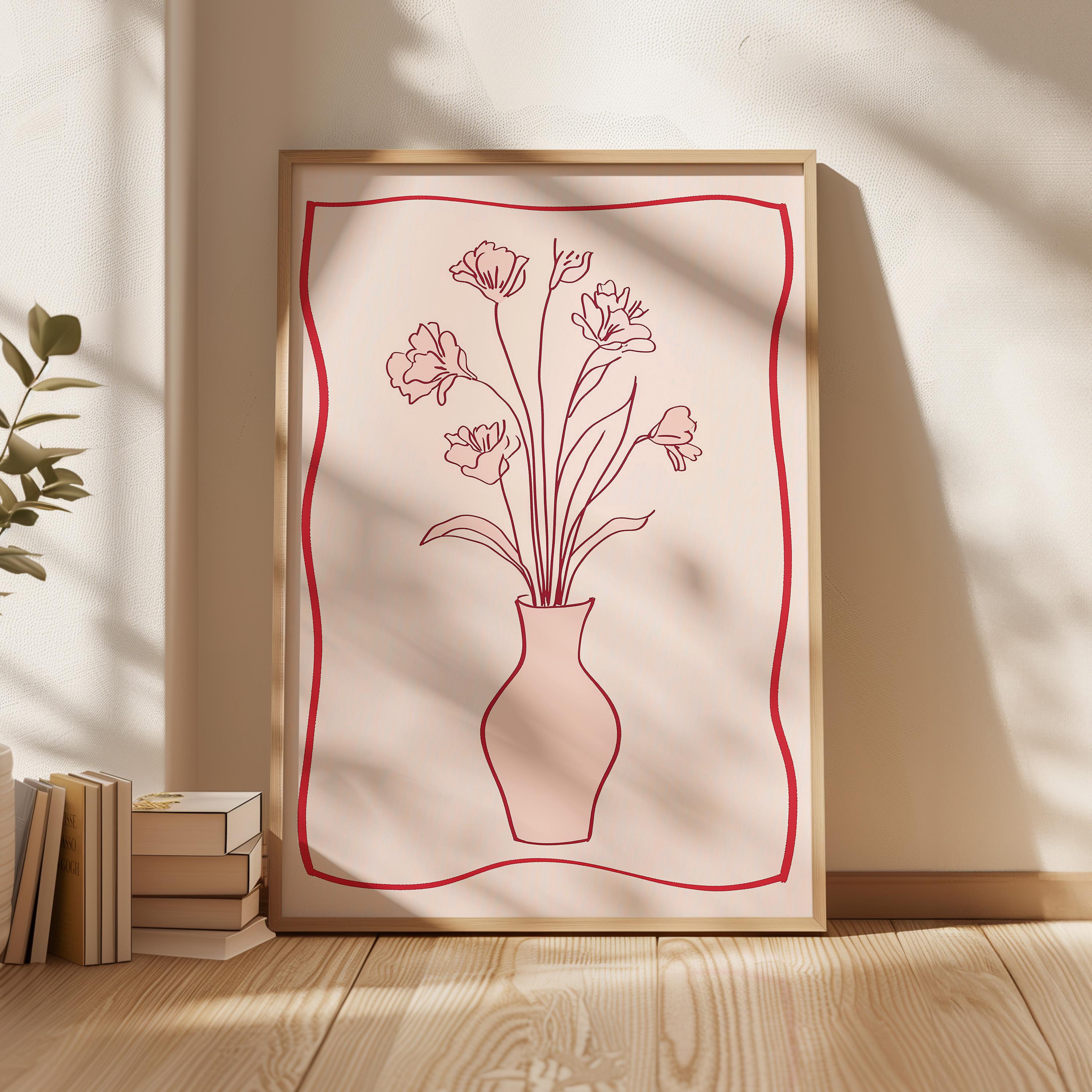 Flower Vase Red Printable Art Striped Wall Art Minimalist Abstract Botanical Digital Download Floral Illustration Botanical Poster Art
