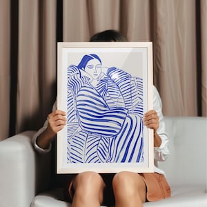 Cobalt Blue Striped Woman Art Print: Modern Abstract Wall Decor (Digital Download)
