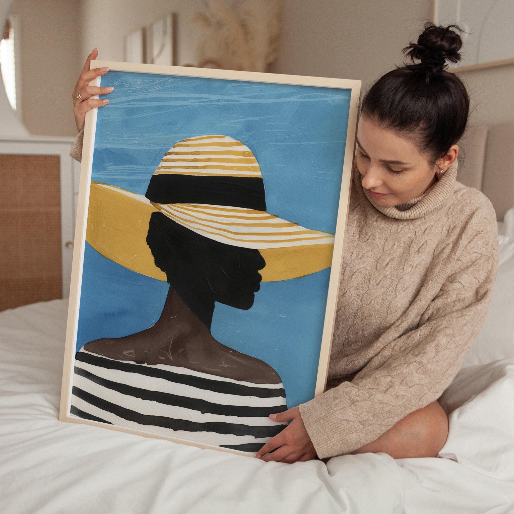 Yellow Hat Woman Art Print: Blue Gold Abstract, Modern  display picture 3
