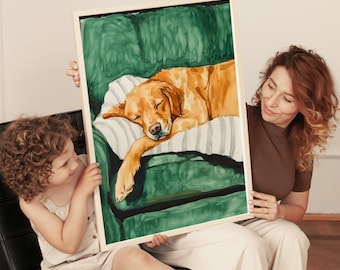 Golden Retriever Watercolor Art Print: Sleeping Dog on Couch (Digital Download)