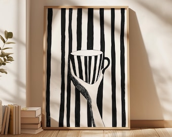 Minimalist Black and White Art Print, Striped Coffee Cup Illustration, Modern Wall Decor, Unique Home Art, Monochrome Kitchen Artwork Gift