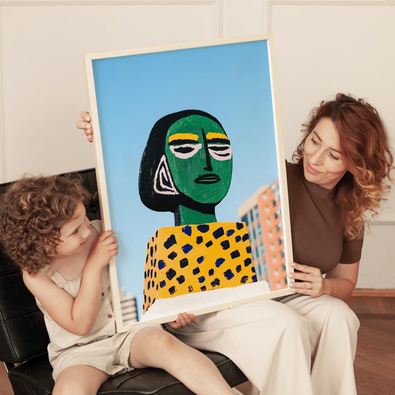 Bold abstract face art print, colorful portrait, modern street art, vibrant green figure, geometric urban decor, pop art inspired