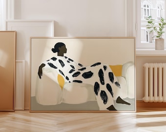 Minimalist woman art print, abstract black and white figure, modern lounge decor, bold polka dot pattern, stylish digital wall art