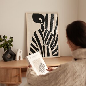 Mid Century Modern Woman Art Print: Black & White Stripes (digital ...