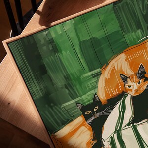 Sleeping Cats Large Wall Art Contemporary Art Minimalist Print Living Room Dark Green Wall Decor Stripe Kittens Printable Digital Download