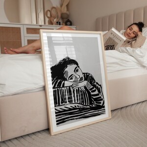 Daydream Reverie: Striped Elegance - Black & White Digital Portrait, Expressive Wall Art, Modern Art, Abstract Wall Art, Digital download.