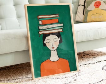 Stampa artistica "Donna che legge in verde smeraldo": illustrazione minimalista di un libro (download digitale)