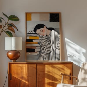 Sleepy girl with books illustration, cozy reading art print, minimalistic decor, striped design, peaceful study room decor, modern wall art