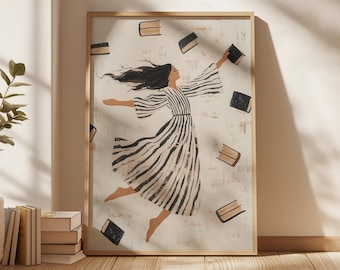Woman Reading Illustration Modern Wall Art Contemporary Art Minimalist Stripe Dress Print Flying Books Print Book Lover Art Digital Download