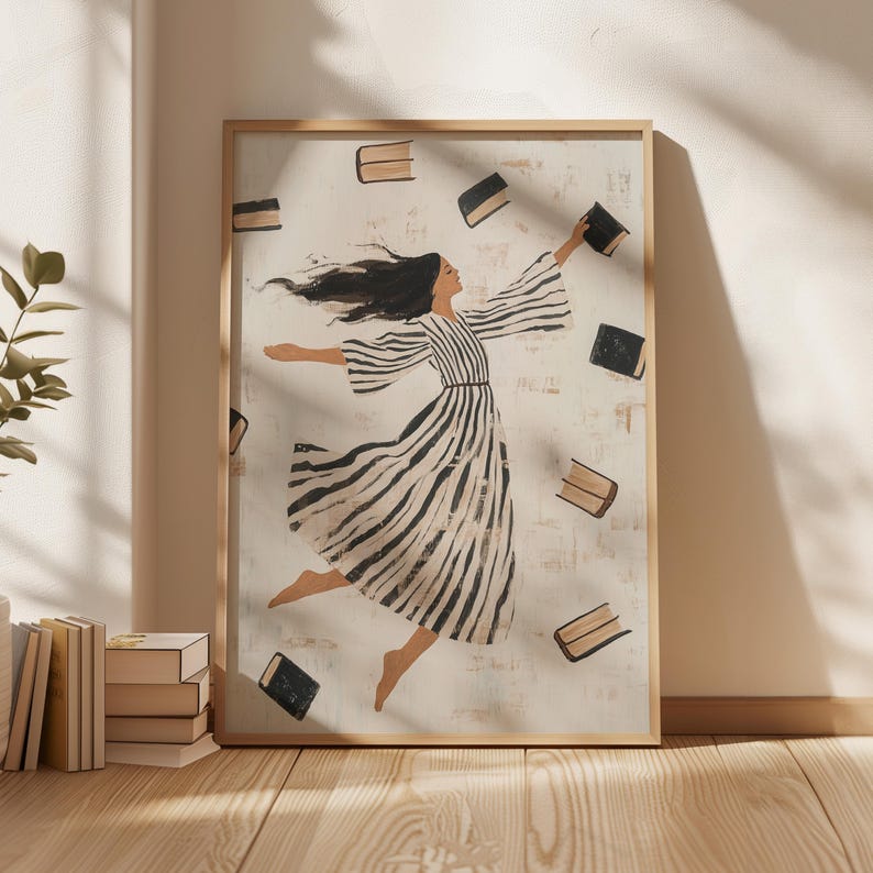 Woman Reading Illustration Modern Wall Art Contemporary Art Minimalist Stripe Dress Print Flying Books Print Book Lover Art Digital Download