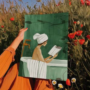 Woman Reading in Bathtub Art Print: Green Bathroom Decor (Digital Download)