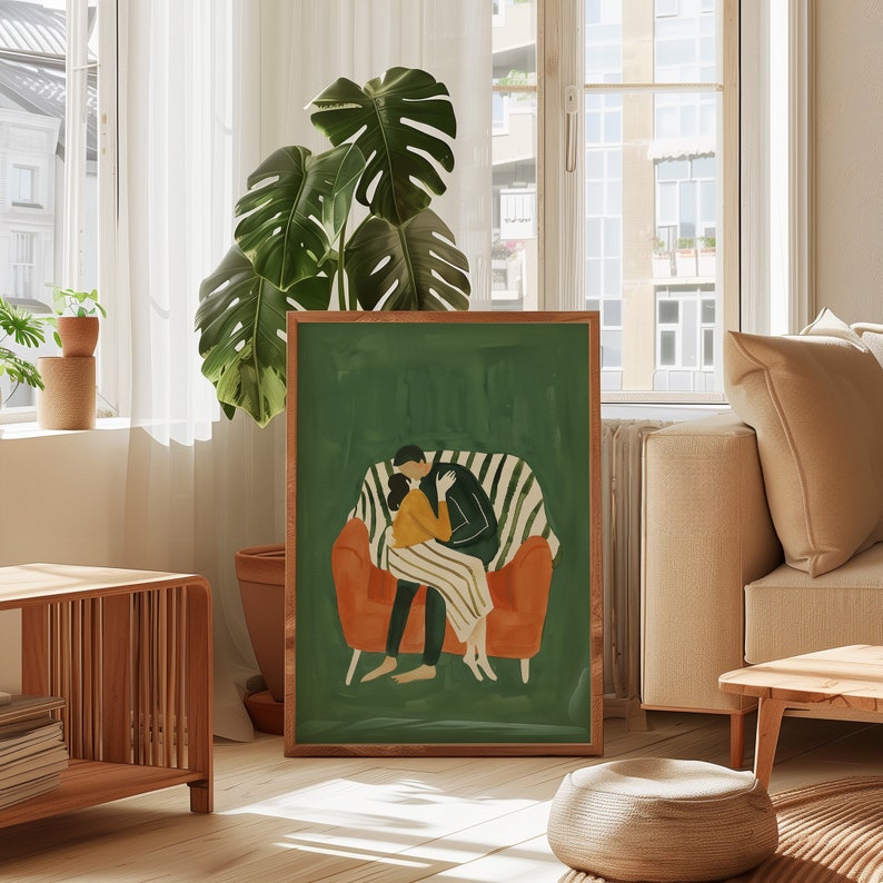 Abstract People Large Wall Art Contemporary Art Minimalist Print Living Room Emerald Green Wall Art Stripe Couple Printable Digital Download