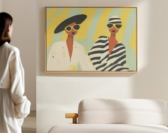 May include: A painting of two women wearing sunglasses and hats. The woman on the left is wearing a white shirt with black polka dots and a black hat. The woman on the right is wearing a black and white striped shirt and a yellow hat. The background is a yellow and green abstract pattern.