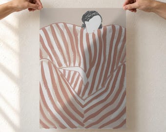 Beige and Terracotta Abstract Woman Print, Striped Oversized Sweater Art, Boho Minimalist Wall Art, Unframed Matte Poster