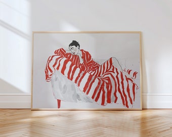 Dibujo lineal de una mujer con rayas rojas: lámina de arte moderno (descarga digital)