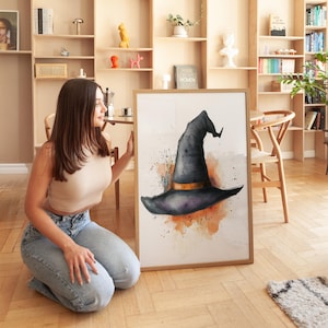 Witch Hat Halloween Watercolor Art Print Spooky Black and Orange Wall Decor Hat Illustration Modern Halloween Wall Art Instant Download