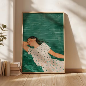 Peaceful Woman Art Print: Teal Dress, Green Modern Decor (Digital Download)