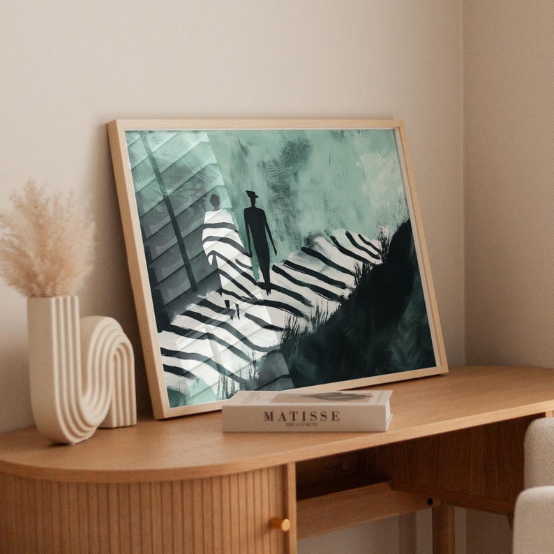 Abstract Couple Silhouette Art Walking Path Black and White Stripes