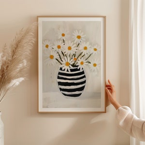 Florero beige arte imprimible, margaritas neutral beige negro arte de la pared, descarga digital botánica abstracta, ilustración floral impresión floral
