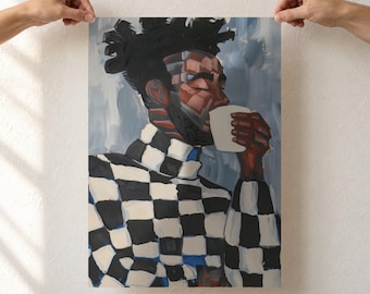 Black Man Drinking Coffee Art Print, Checkered Sweater Portrait, Geometric Painting, Coffee Lover Gift, Unframed Poster